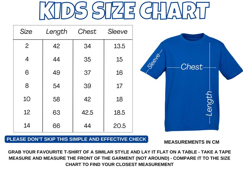 May include: A kids' size chart with measurements in inches for length, chest, and sleeve. The chart shows sizes 2 through 14. The chart is accompanied by a blue t-shirt with measurements labeled for length, chest, and sleeve.