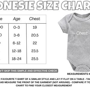 May include: A size chart for onesies with measurements in inches for chest size. The chart shows sizes 000 to 2, corresponding to ages 0-3 to 18-24 months. The chart also includes instructions for measuring a t-shirt to find the closest size.