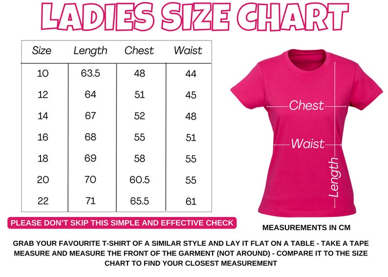May include: A size chart for women's tops with measurements in inches for chest, waist, and length. The chart shows sizes 10 through 22.