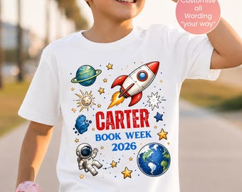 Personalised Space Book Week 2026 Shirt, Rocket Astronaut T-Shirt for Kids, Teachers & Librarians, Custom Name School Parade Tee
