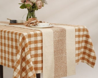 Handwoven Cotton Boucle Table Runner, Rustic Farmhouse Plaid Decor