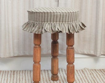 Linen Bar Stool Slipcover, Hand Block Printed Stripe, Farmhouse Ruffle Cover