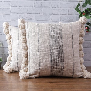 Gray Stripe Pom Pom Pillow Cover 20x20 | Handwoven Cotton Throw Pillow | Boho Farmhouse Decorative Cushion | Handmade Gift for Her