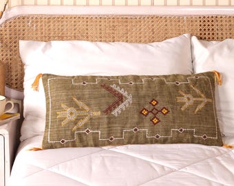 Embroidered Linen Pillow Cover 12x28 | Handcrafted Boho Lumbar Cushion | Moroccan-Inspired Decor | Handmade Gift for Her