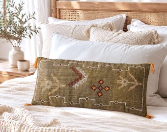 Funda de cojín lumbar bordada a mano de 30x71 cm, funda de cojín de lino con borlas, cojín decorativo estilo bohemio, decoración rústica de granja.