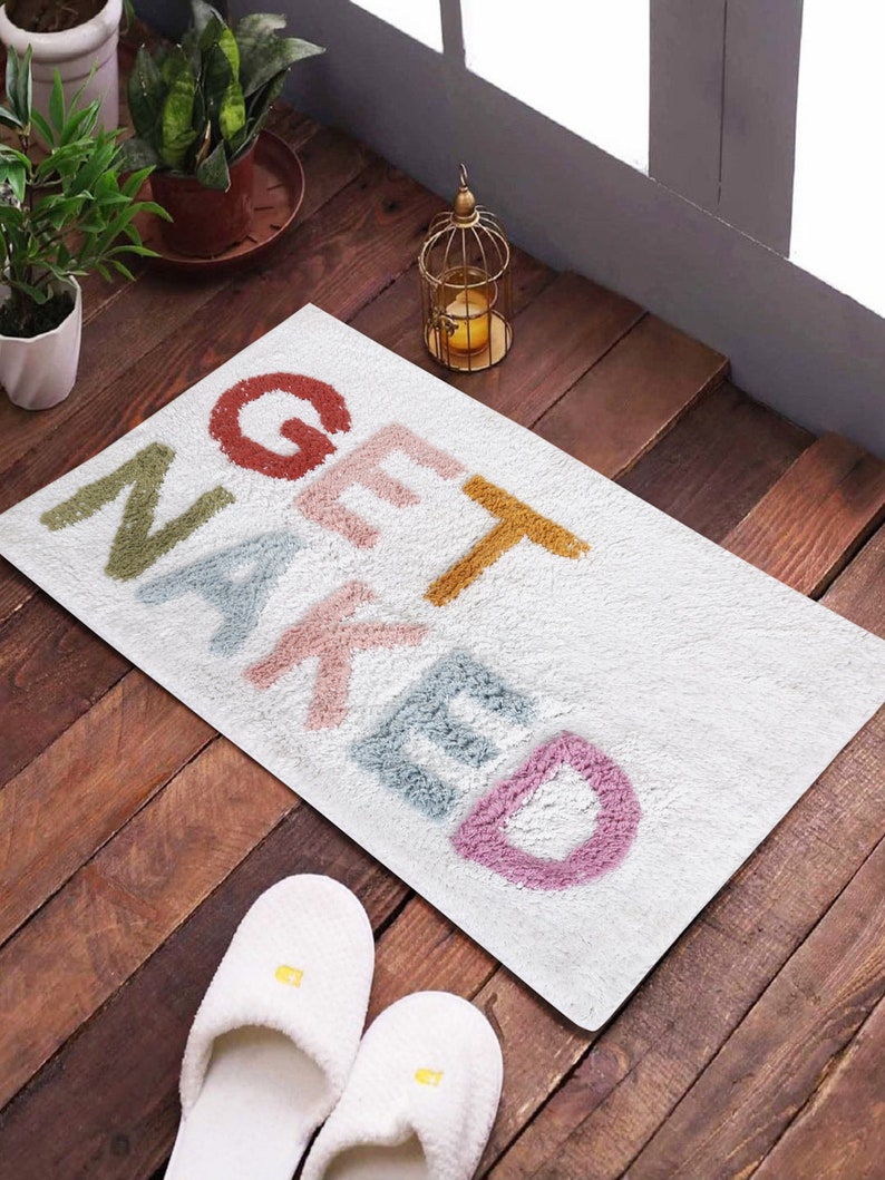 Get Naked Bath Mat Hand Tufted Cotton | Colorful Pastel Lettering Bathroom Rug | Cute Quirky Apartment Decor | Plush Absorbent Shower Mat image 5