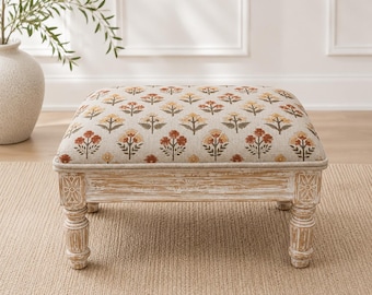 Floral Linen Upholstered Footstool | Hand Block Printed Ottoman | Rustic Mango Wood Foot Rest | Cottagecore Accent Stool | Farmhouse Decor