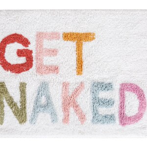 Get Naked Bath Mat Hand Tufted Cotton | Colorful Pastel Lettering Bathroom Rug | Cute Quirky Apartment Decor | Plush Absorbent Shower Mat image 2