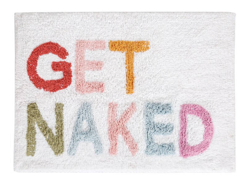 Get Naked Bath Mat Hand Tufted Cotton | Colorful Pastel Lettering Bathroom Rug | Cute Quirky Apartment Decor | Plush Absorbent Shower Mat image 2