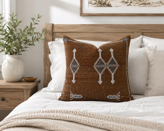 Handbestickter Leinen Kissenbezug: Boho Leinen Kissenbezug 20X20 | Tan Boho Kissen | Designer Akzent Kissenbezug