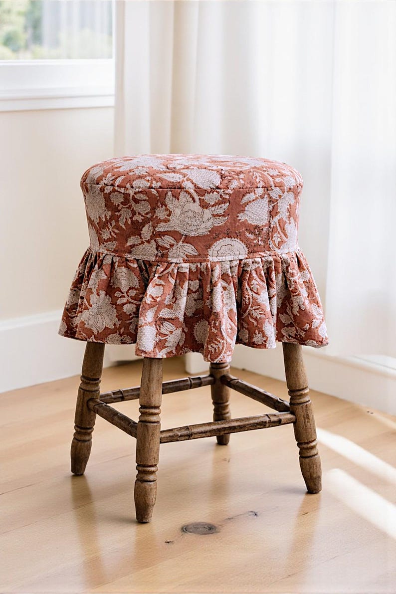 Hand Block Printed Floral Cotton Linen Bar Stool Cover: Farmhouse ...
