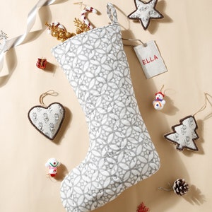 Handmade Quilted Stocking | Geometric Pattern Cotton Stocking | Farmhouse Style Christmas Decor | Designer Holiday Stocking
