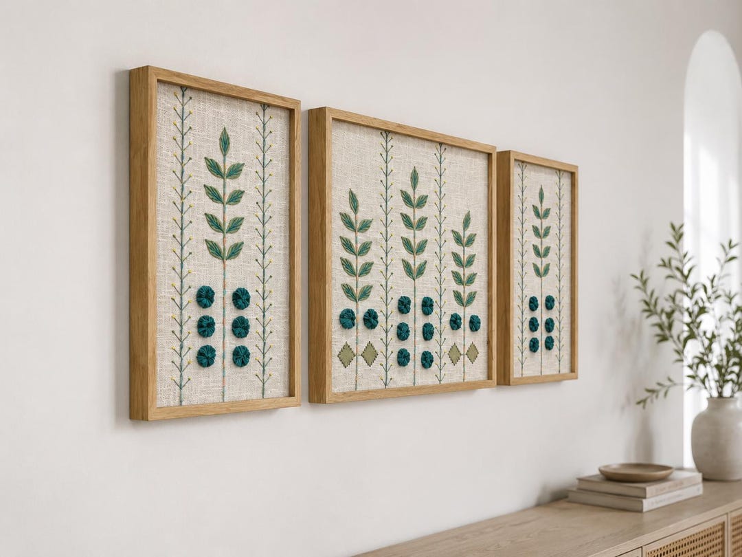 Hand Embroidered Botanical Textile Wall Art Set | Framed Fiber Decor ...