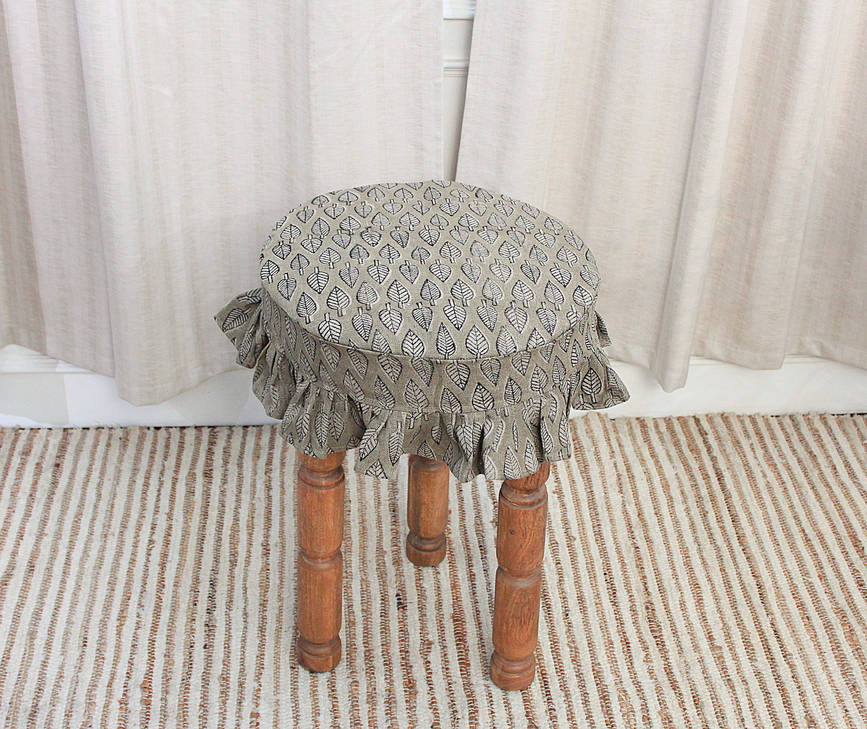 Linen Bar Stool Slipcover, Hand Block Printed Leaf Ruffle Farmhouse ...