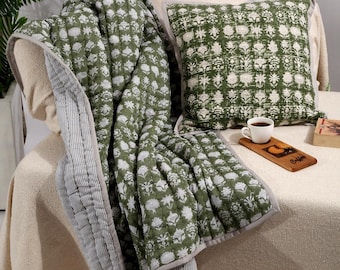 Handgeblokte katoenen plaiddeken – Indiase kantha-quilt, boho-bank- en beddeken