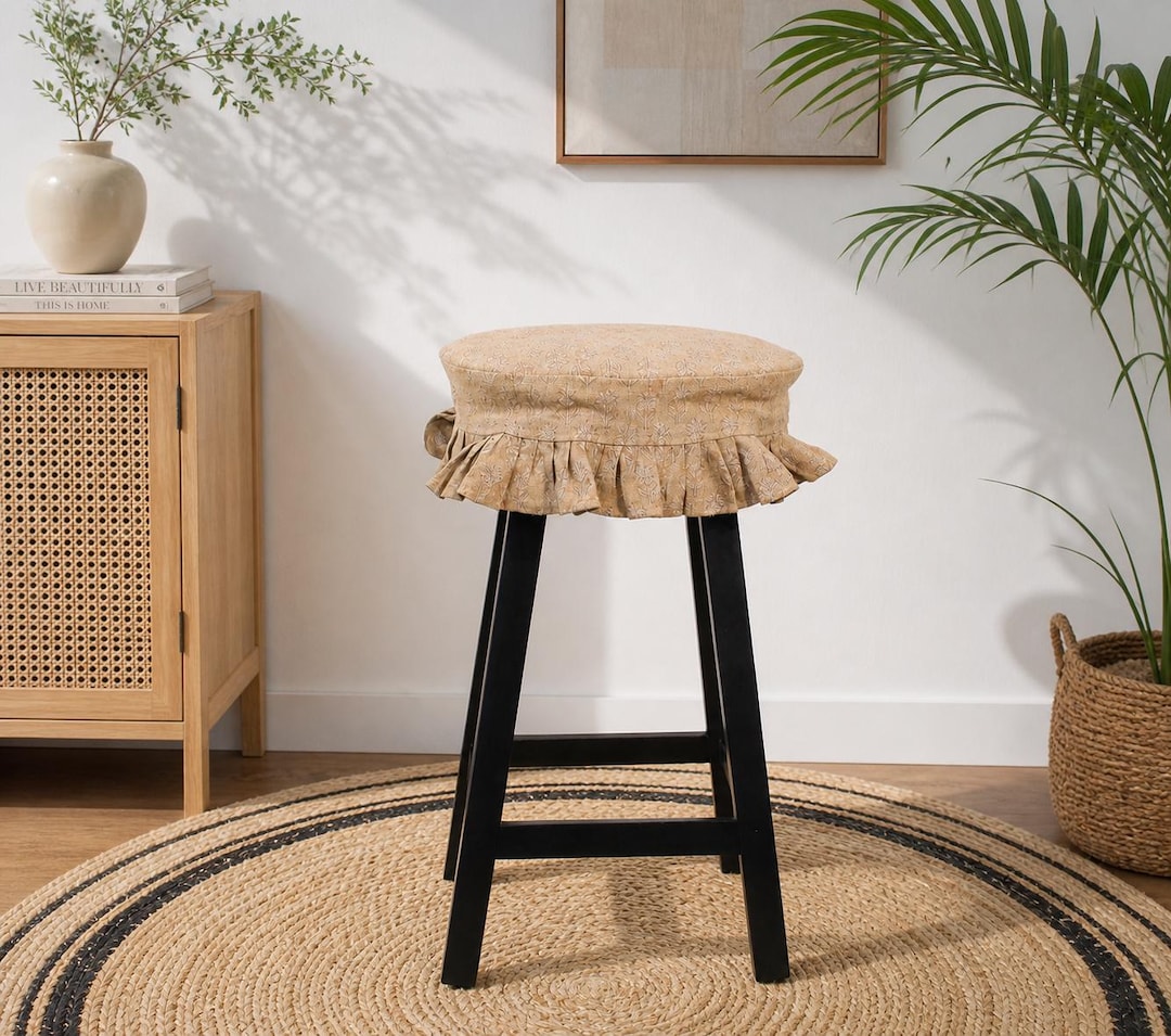 Block Printed Linen Stool Cover 14 Inch | Ruffle Seat Slipcover - Etsy
