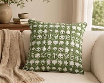 Green Block Print Cushion Cover, Cotton Gauze Floral Throw Pillow, Boho Farmhouse Decor, Cottagecore Pillow Case
