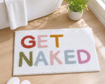 Get Naked Bath Mat Hand Tufted Cotton | Colorful Pastel Lettering Bathroom Rug | Cute Quirky Apartment Decor | Plush Absorbent Shower Mat