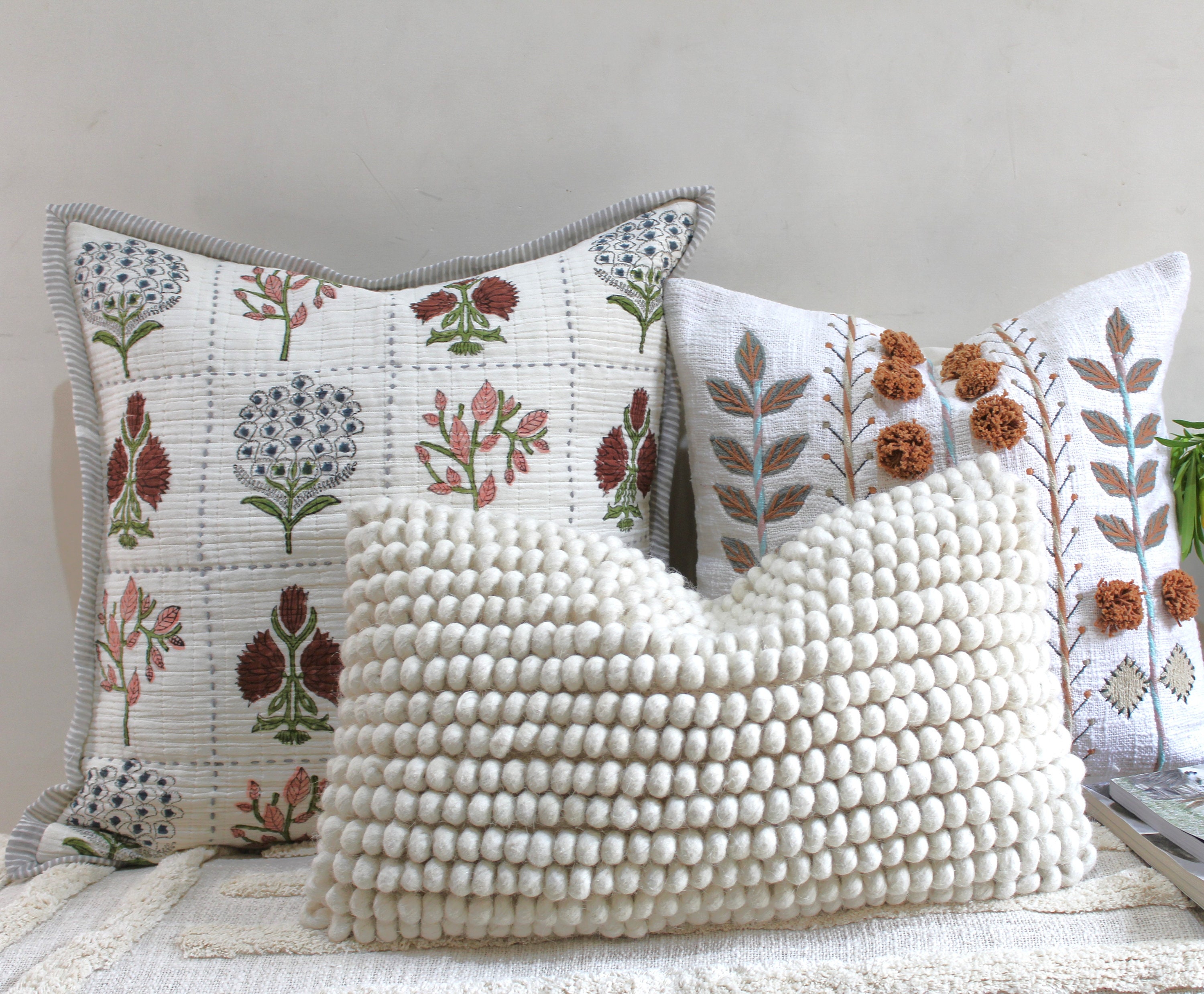 Set of 3 Bohemian Floral Embroidered Cushion Covers | Vintage-Inspired Throw Pillows | Home Gifts for Her | 20x20 12x20 18x18 Combo