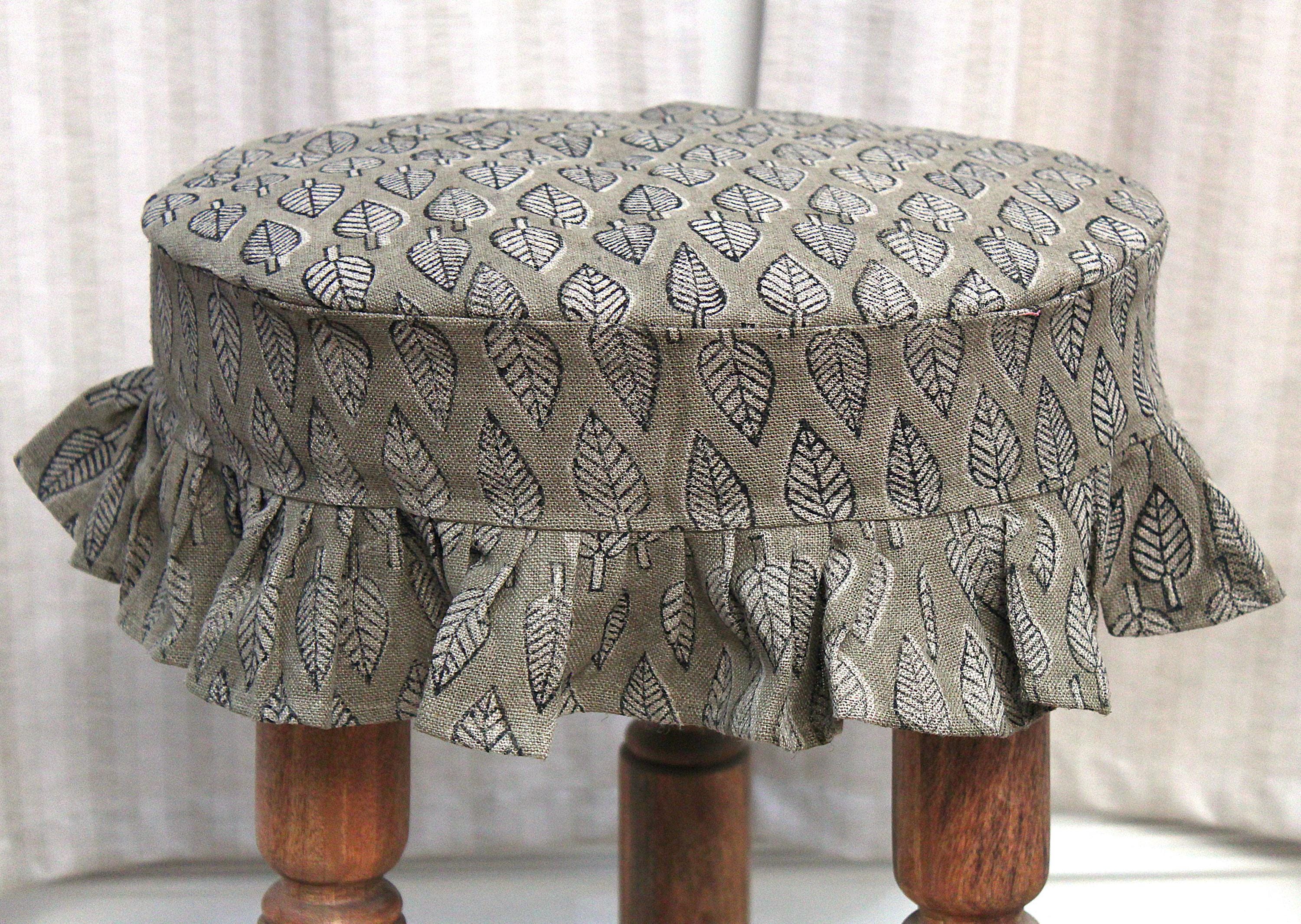 Linen Bar Stool Slipcover, Hand Block Printed Leaf Ruffle Farmhouse ...