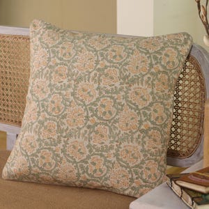 Hand Block Printed Linen Pillow Cover: 20x20 Hand Block Printed Cushion | Boho Farmhouse Throw Pillow for Living Room | Gift for Her