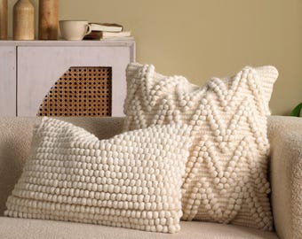 Popcorn Wool Pillow Cover | 12x20 and 20x20 Boho Cushion | Ivory Zigzag Textured Throw Pillow | Handwoven Decorative Accent for Sofa or Bed
