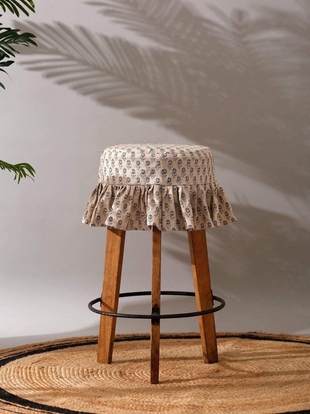 Farmhouse Style Barstool Slipcover with Fringe | Bar Stool Slipcover in Floral Print | Handmade Linen Chair Slipcover | Kitchen Stool Cover
