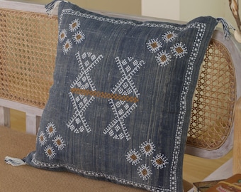 Blue Linen Embroidered Pillow Cover | 20x20 Cactus Silk Inspired Boho Cushion | Handmade Throw Pillow for Home Decor & Gifting