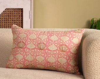 Pink Floral Lumbar Pillow Cover: Embroidered Hand Block Print, Linen 14x22