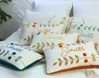 Floral Personalized Pillow Cover | Custom Embroidered Lumbar Pillow | Handmade Cotton Throw Pillow Cover | Boho Decorative Housewarming Gift