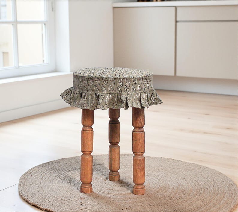 Linen Bar Stool Slipcover, Hand Block Printed Leaf Ruffle Farmhouse ...