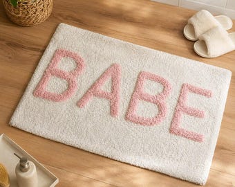 BABE Hand Tufted Bath Mat, Cotton Bathroom Rug, Soft Plush Bath Rug, Absorbent Non Slip Bath Mat, Modern Pink Ivory Bathroom Decor