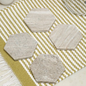 Handmade Beige Marble Coasters: Set of 4 | Hexagonal Natural Stone Drink Coaster Set | Minimalist Coffee Table Decor | Housewarming Gift