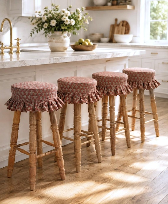 Rust Linen Stool Cover | Block Printed Round Seat Cover | Farmhouse Vanity Stool Slipcover Ruffled