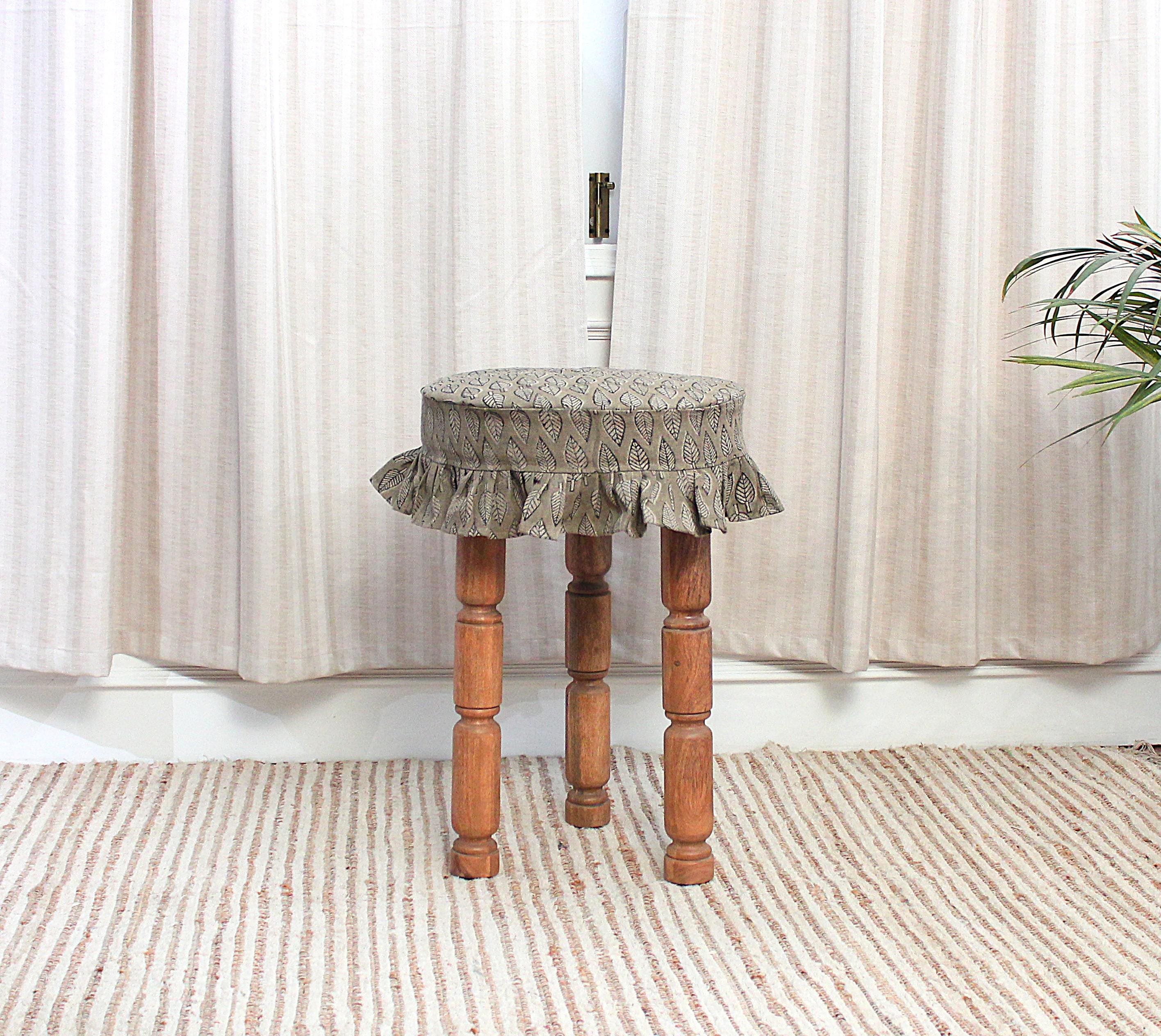 Linen Bar Stool Slipcover, Hand Block Printed Leaf Ruffle Farmhouse ...