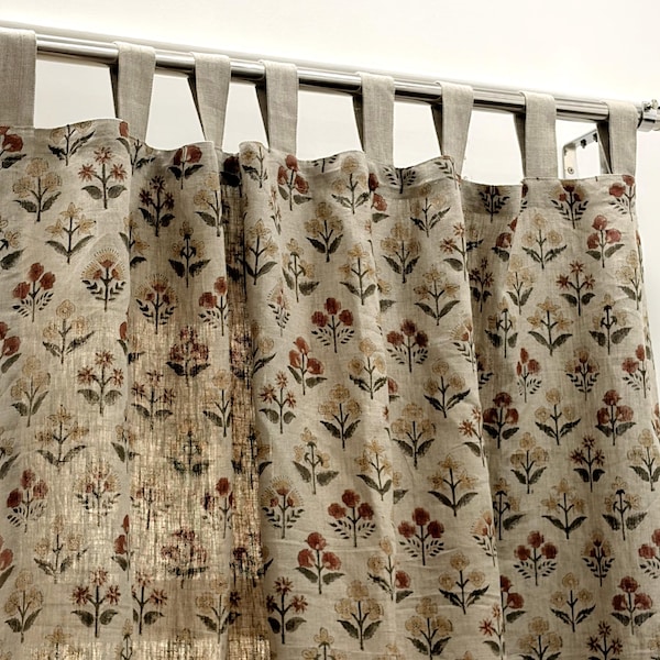 Floral Hand Block Printed Linen Curtain Panel: Natural Boho Farmhouse Drapes