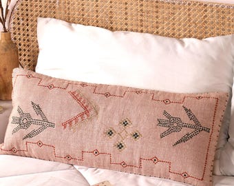 Rust Embroidered Lumbar Pillow Cover | 12x28 Moroccan Boho Throw Pillow | Handcrafted Cactus Silk-Inspired Accent Cushion Cover for Home