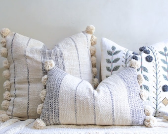 Set of 3 Handmade Pillow Covers | Embroidered Cotton Cushion Covers Combo | 20x20, 18x18, 12x20 | Boho Throw Pillows | Farmhouse Home Decor