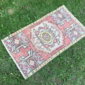 Vintage Turkish Small Rug: Distressed Oushak Wool Entryway Rug