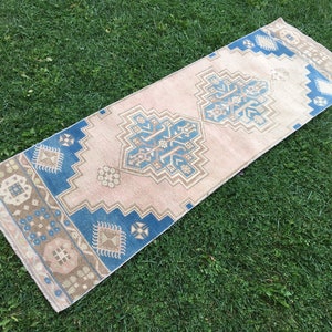 Blue Oushak runner rug, Short Turkish runner rug, Boho home decor rug, Hallway runner rug, Kitchen runner rug, 2x7 runner rug