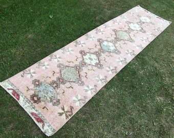 Vintage Pink Oushak Runner Rug: Distressed Wool Hallway Rug (2x9)