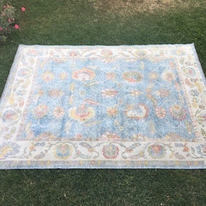 Hand Knotted Turkish Oushak Rug: 9&#39;5x12&#39; Floral Wool Carpet