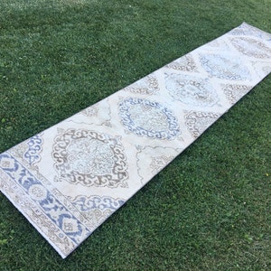 Vintage blue and brown runner rug, Oushak rug runner, Turkish runner rug, Hallway runner rug, Farmhouse decor rug, 2x12 runner rug