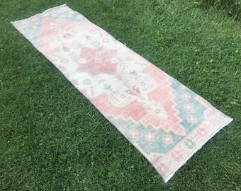 Vintage Oushak Runner Rug: Pastel Pink Turkish Hallway Rug (2x8)