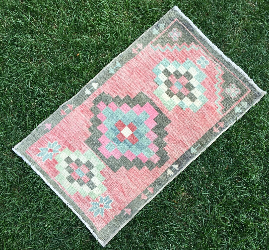 Pink And Green Shell Rug 2x3 Pink and Green Rug, Small Runner, Bathroom Rug, Small Wool Rug ...