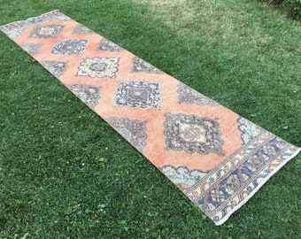 Orange Turkish Oushak Runner Rug: 2.8 x 12 ft, Vintage Hallway Decor