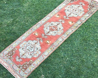 Antique Turkish Oushak Runner Rug: Pale Red Wool Entryway Carpet (3’5 x 12’8)