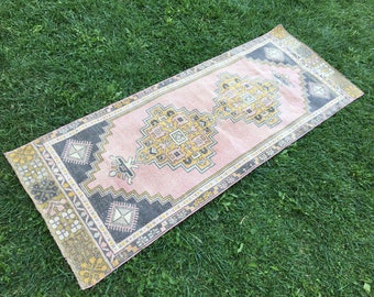 Vintage Turkish Oushak Runner Rug: Pink Boho Hallway Rug, 2.5x6.4 ft