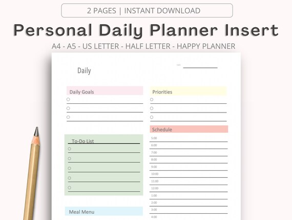 Personal Daily Planner Printable Insert Personal Daily - Etsy