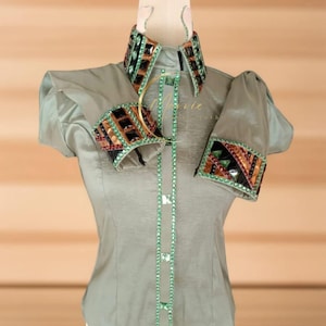 Beaded Olive Green Western Show Shirt: Stretch Taffeta Rodeo Queen Apparel